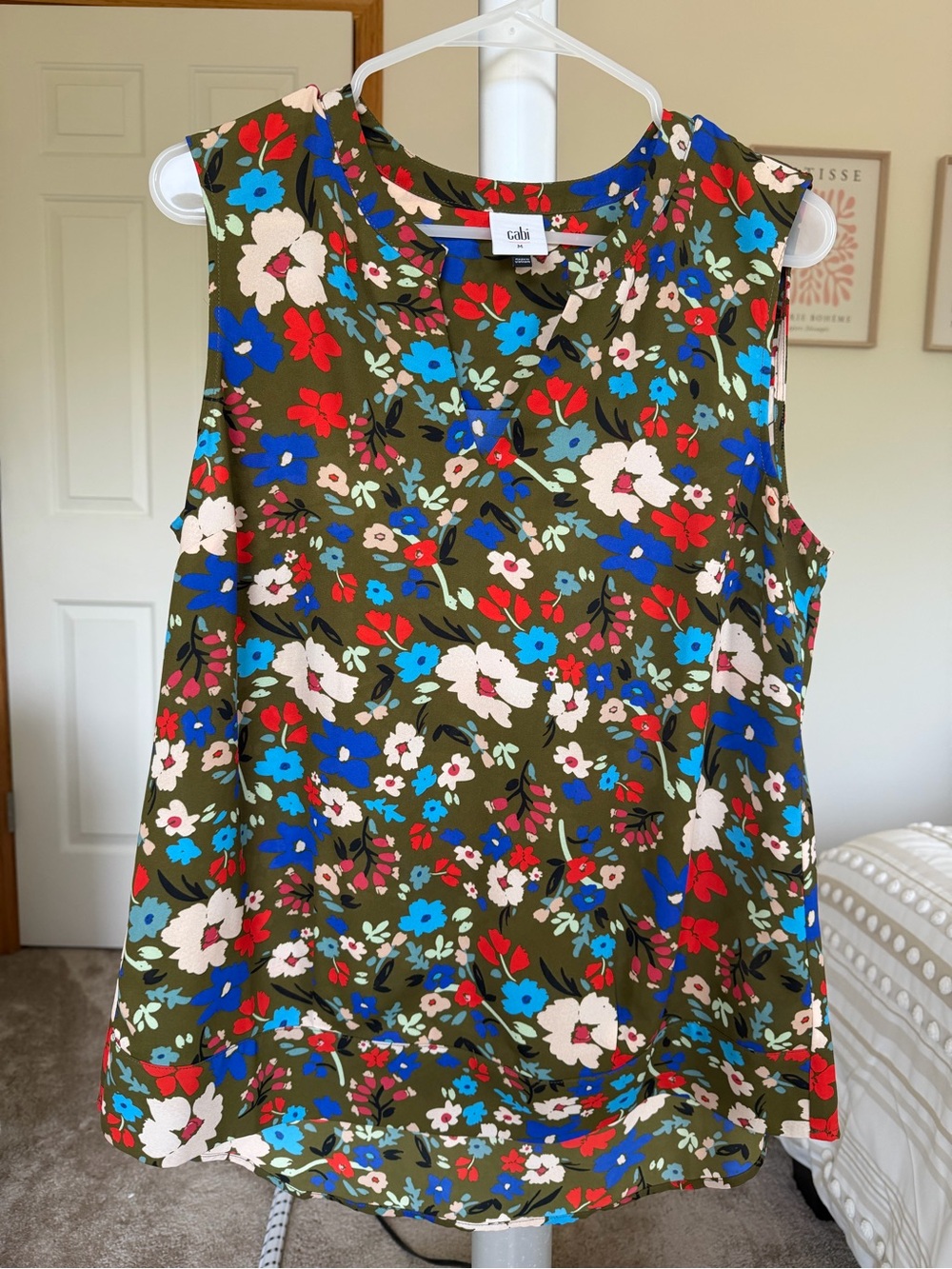 CAbi Olive Floral Sleeveless Camisole with Red, Blue & Cream Flowers